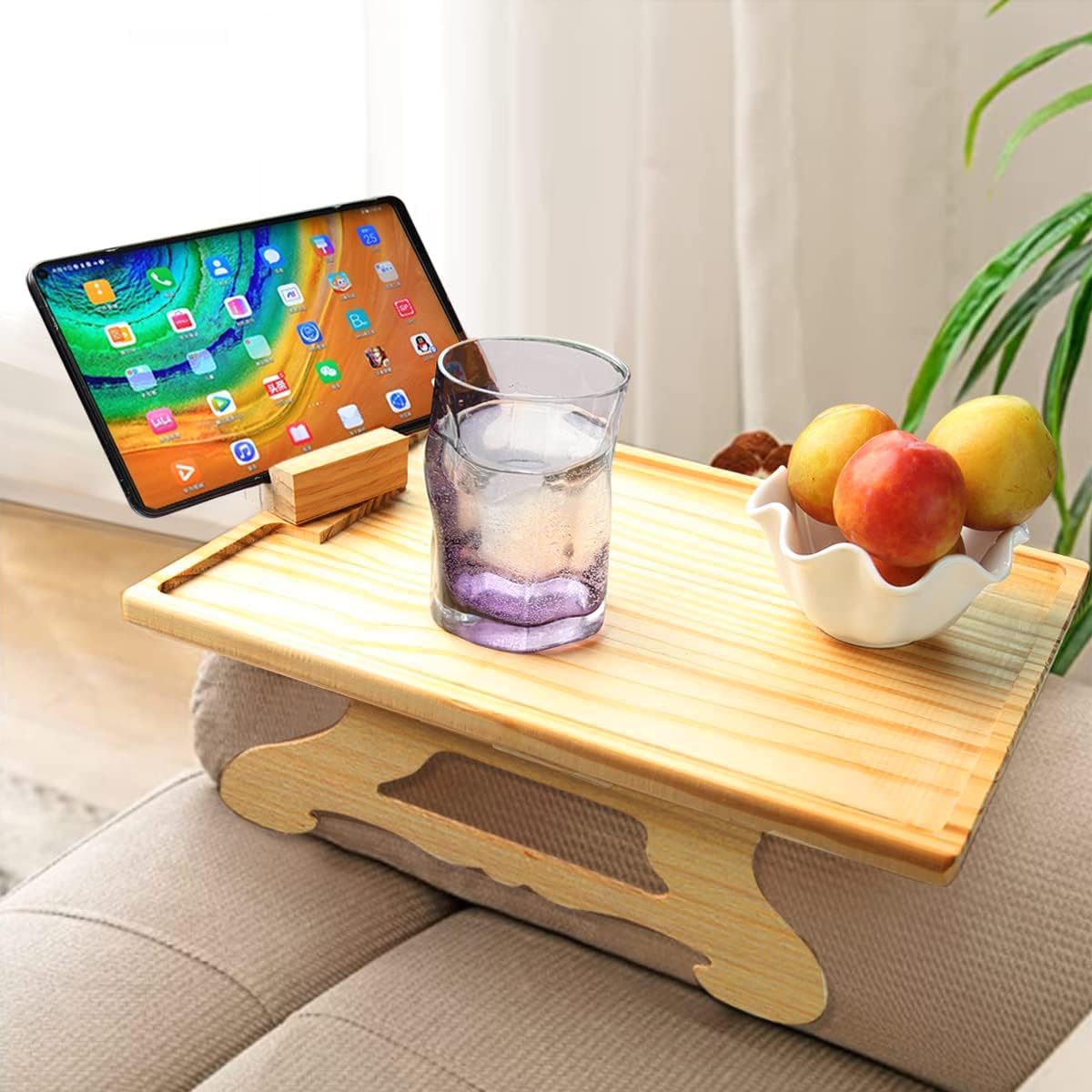 HASTHIP Sofa Armrest Wooden Tray Small Table for Sofa Armrest Folding Foot Wooden Dinning Table Laptop Stand with 360° Rotatable Phone Holder Armrest Table for Work, Relaxing, Reading HASTHIP Sofa Armrest Wooden Tray Small Table for Sofa Armrest Folding Foot Wooden Dinning Table Laptop Stand with 360° Rotatable Phone Holder Armrest Table for Work, Relaxing, Reading